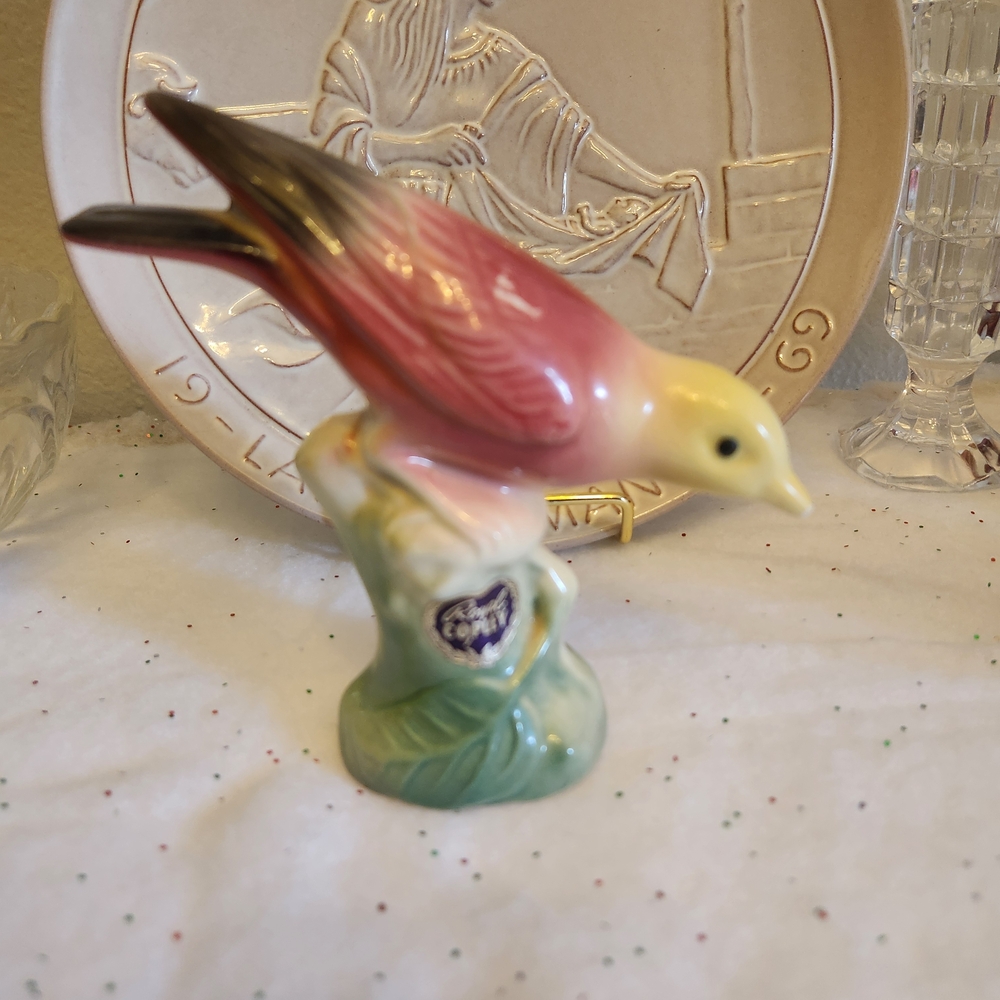 Elegant Pink and Green Ceramic Bird by Royal Copley